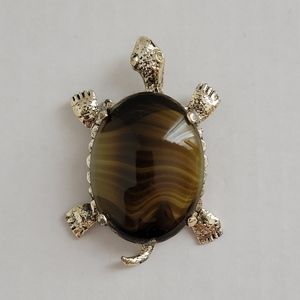 Gold Tone With Brown Stone Sea Turtle Brooch Pin